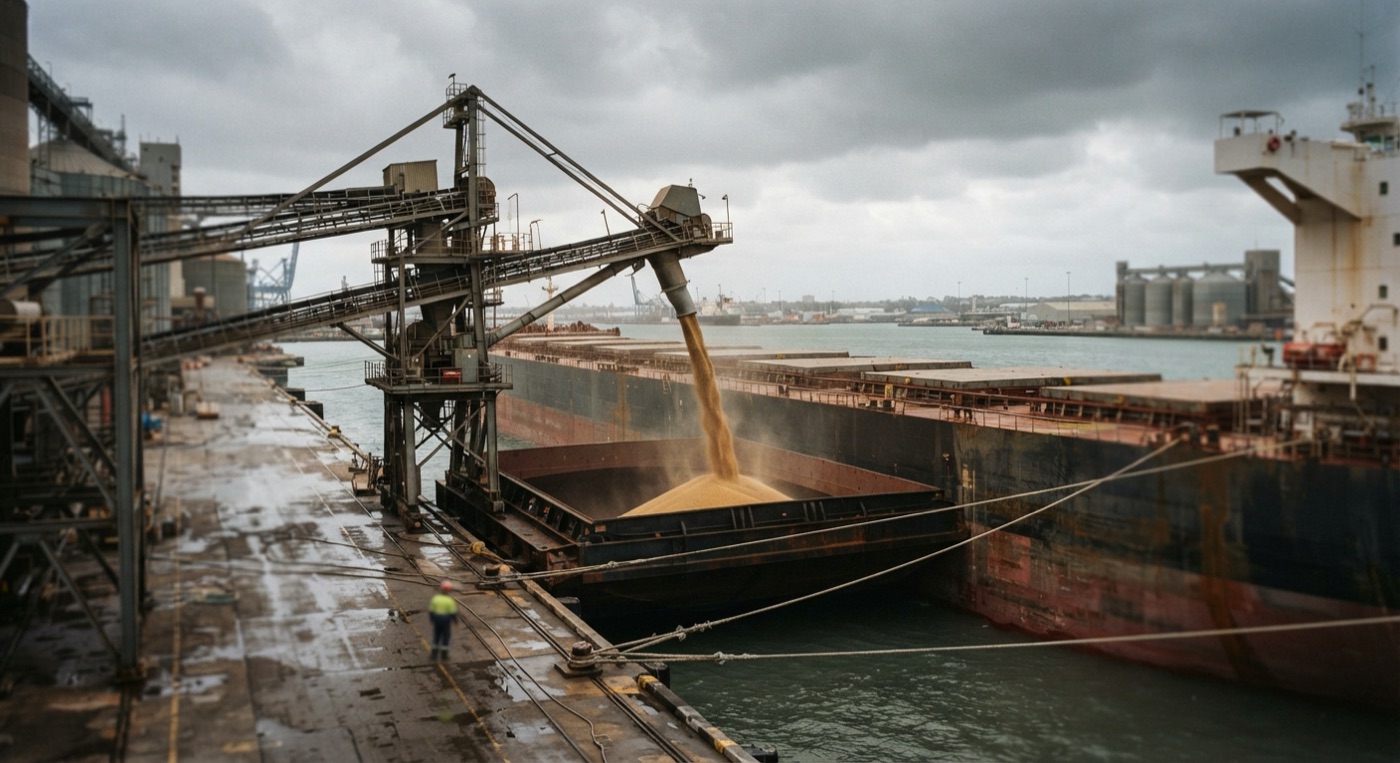 Bulk carrier being loaded with grain at a port terminal